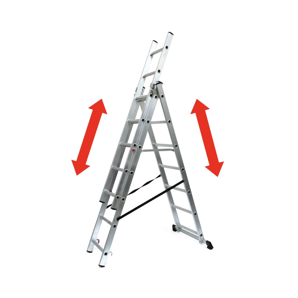 Image of Doppel-, Steh- und Anlegeleiter in einem Aus robustem, leichtem und widerstandsfähigem Aluminium gefertigt bietet diese Schiebeleiter eine hohe Stabilität bei geringem Gewicht. Die Alu-Schiebeleiter BASIC 3-in-1 ermöglicht eine Arbeitshöhe bis zu 7.480 mm