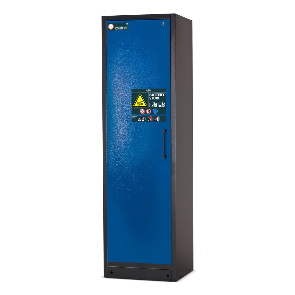 Image of Akkus brandgeschützt aufbewahren mit dem asecos® Akku-Sicherheits-Lagerschrank Battery Store Der asecos® Sicherheitsschrank Battery Store bietet zahlreiche Features für eine geschützte und komfortable Lagerung von Lithium-Ionen-Batterien. Die Gitterrostbö