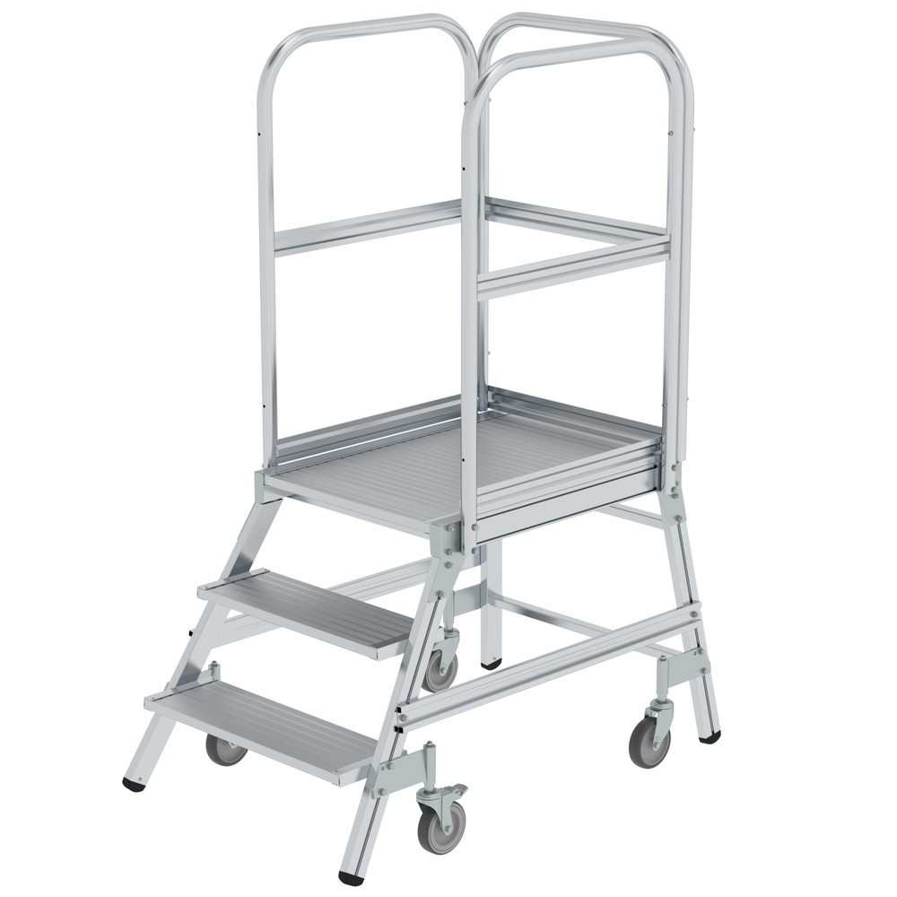 Image of 1-seitige Alu-Plattformtreppe mit Geländer und Rollen Mit der verfahrbaren, 1-seitig begehbaren Podesttreppe aus Aluminium erledigen Sie Lager- und Regalarbeiten im Handumdrehen und mit grösstmöglichem Arbeitsschutz. Auf den 200 mm tiefen geriffelten Stuf