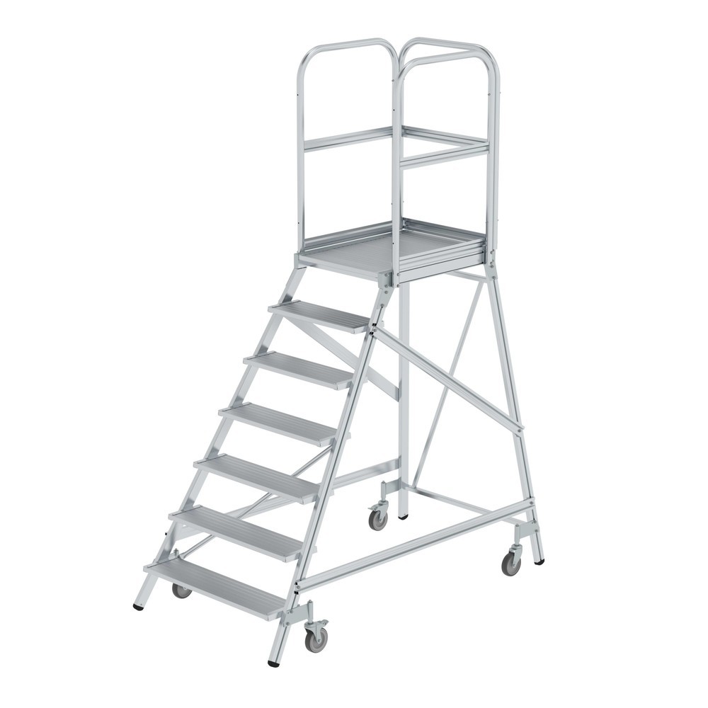 Image of 1-seitige Alu-Plattformtreppe mit Geländer und Rollen Mit der verfahrbaren, 1-seitig begehbaren Podesttreppe aus Aluminium erledigen Sie Lager- und Regalarbeiten im Handumdrehen und mit grösstmöglichem Arbeitsschutz. Auf den 200 mm tiefen geriffelten Stuf