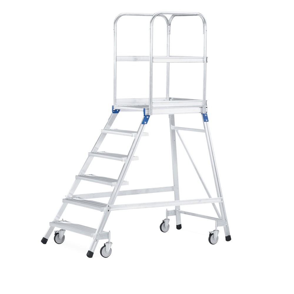 Image of Treppenpodest für sicheres und ergonomisches Arbeiten Wer häufig Arbeiten in der Höhe durchführt, findet mit der 1-seitig begehbaren Podesttreppe ZARGES aus Aluminium, die fahrbar und einfach zu handhaben ist, die optimale Steighilfe. Die Leichtmetall-Kon