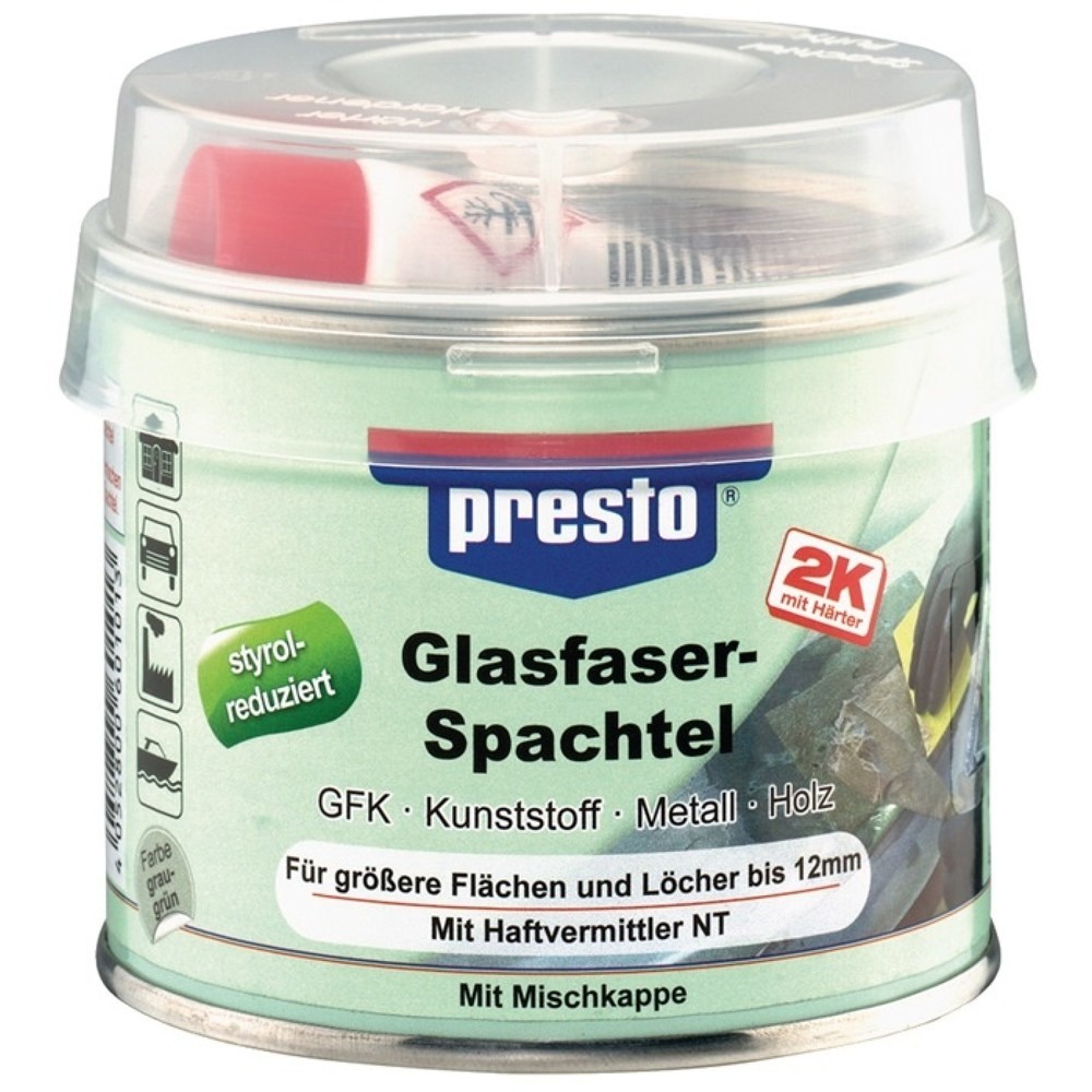 Image of  Farbe: grau-grün, Härter rotPRESTO 2K-Glasfaserspachtellith® ext.grau-grün, Härter rot 250g Dose PRESTO PRESTO 2K-Glasfaserspachtellith® ext.grau-grün, Härter rot 250g Dose PRESTO