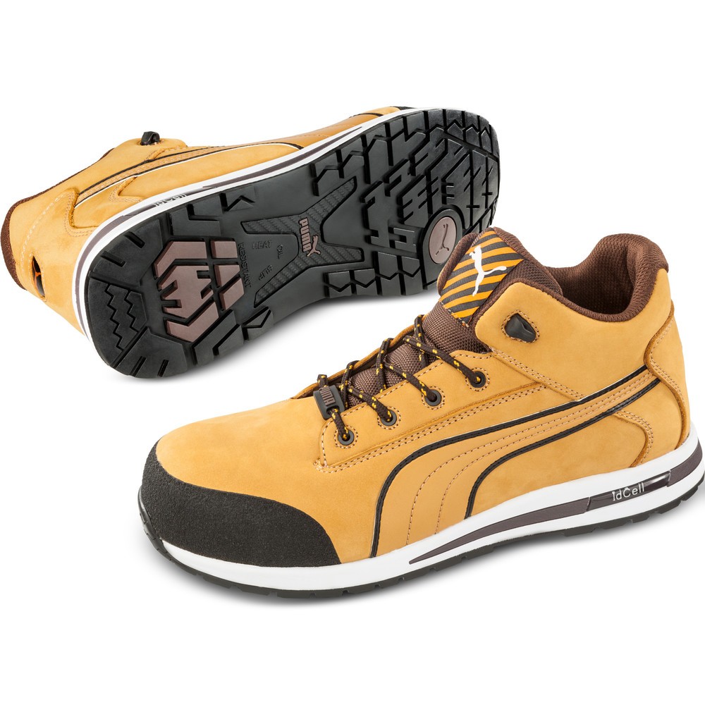 Image of Moderner, stabiler und komfortabler Sicherheitsschuh aus Nubukleder Der Sicherheits-Sportschuh PUMA® Dash Wheat Mid S3 ist ein strapazierfähiger Allround-Schutzschuh im sportlichen Design für das sichere Arbeiten gemäss Schutzklasse S3. Die Oberfläche ist