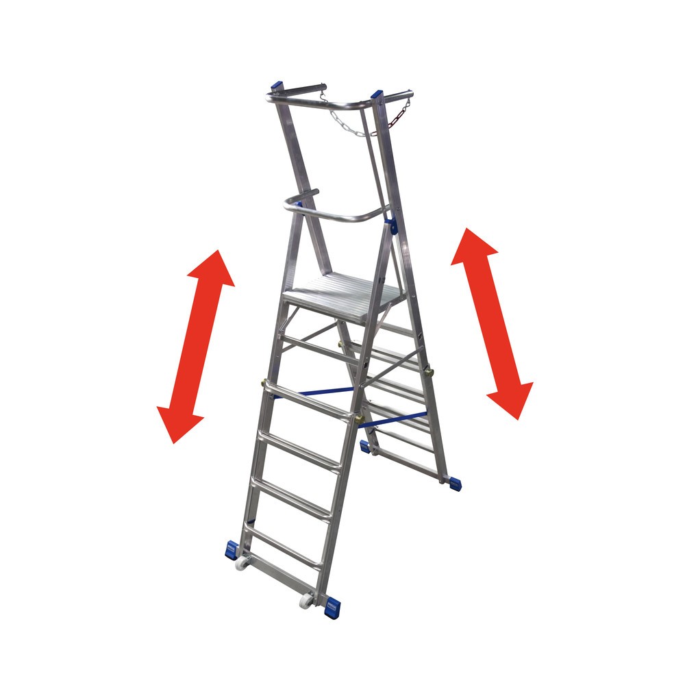 Image of Leicht höhenverstellbare Teleskop-Plattformleiter mit grosser Standplattform und U-förmigen Sicherheitsbügel mit Absperrkette für sicheren Stand sowie integrierten Rollen für rückenschonenden Transport.; Grosse Standplattform B x T mm: 500x450; Arbeitshöh