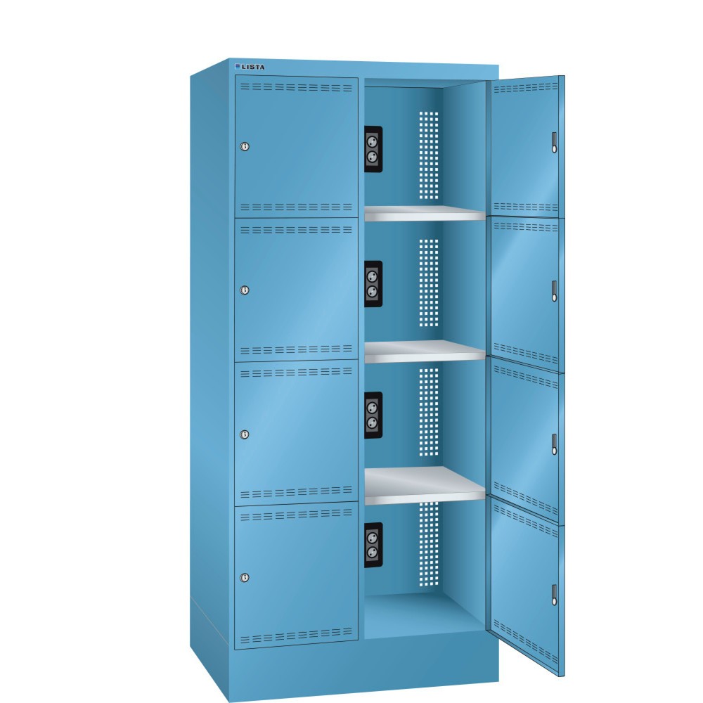 Armoire à casiers avec prises électriques LISTA, (lxPxH) 810x585x1 790 mm, 2x4 casiers, 2 modules par casiers, bleu