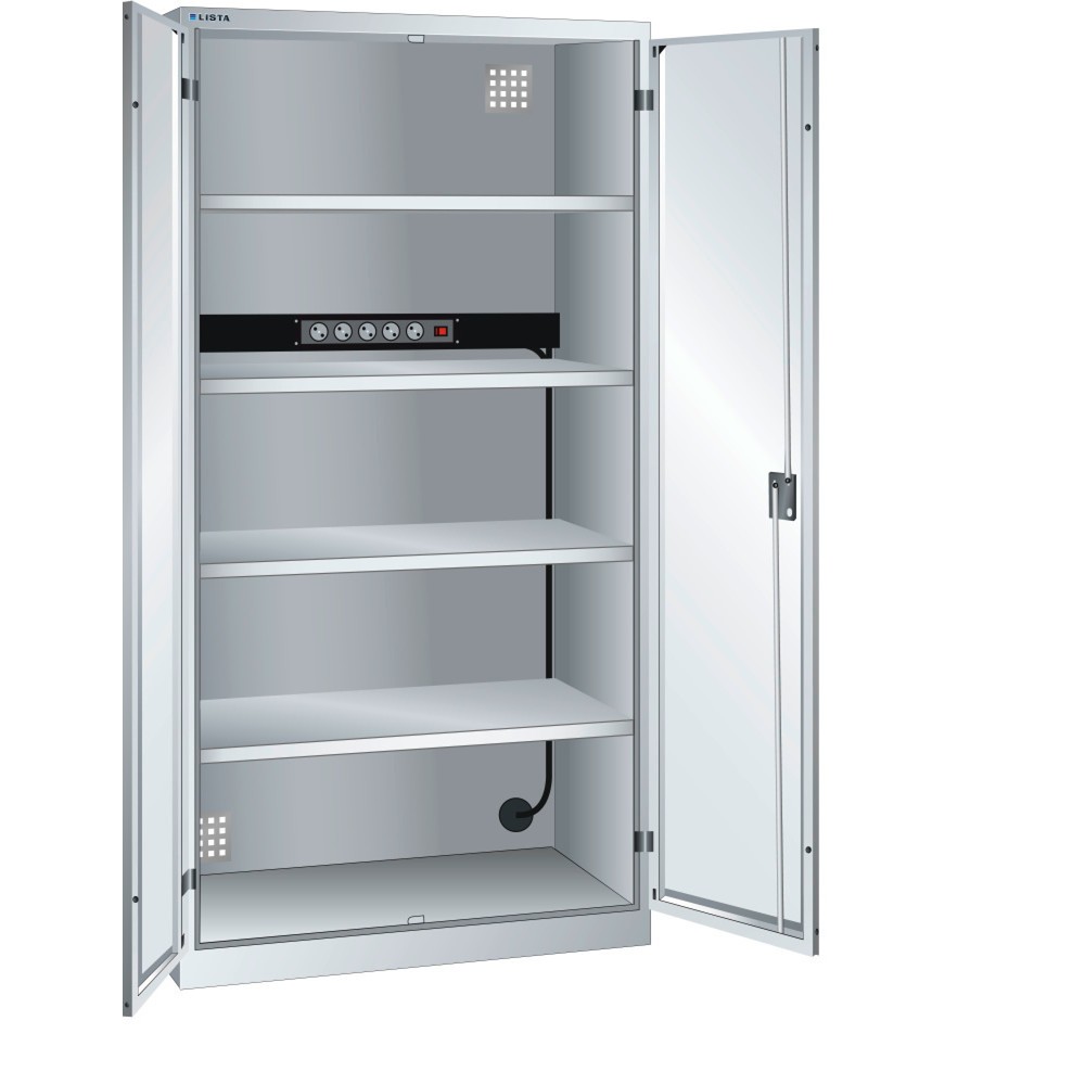 Armoire à casiers LISTA avec prises électriques, (lxPxH) 1 000x580x1 950 mm, 1 bloc multiprises sur paroi arrière, gris clair