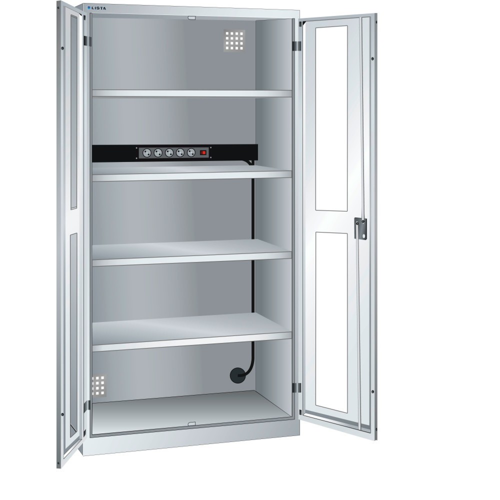 Armoire à casiers LISTA avec prises électriques, (lxPxH) 1 000x580x1 950 mm, 1 bloc multiprises sur paroi arrière, vitres transparentes, gris clair