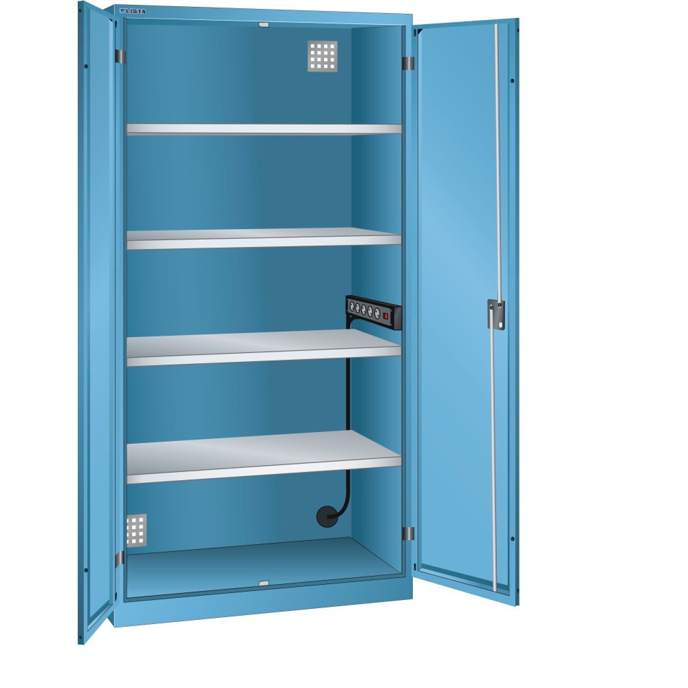 Armoire à casiers LISTA avec prises électriques, (lxPxH) 1 000x580x1 950 mm, 1 bloc multiprises sur paroi latérale, bleu clair