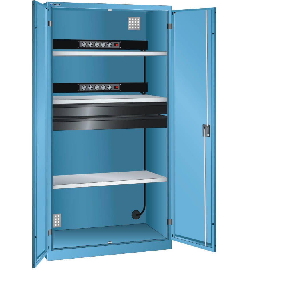 Armoire à casiers LISTA avec prises électriques, (lxPxH) 1 000x580x1 950 mm, 2 blocs multiprises sur paroi arrière, 2 tiroirs, bleu clair