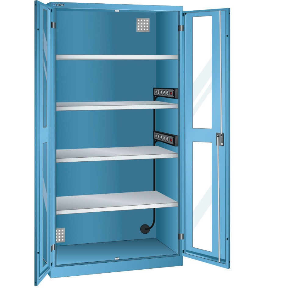 Armoire à casiers LISTA avec prises électriques, (lxPxH) 1 000x580x1 950 mm, 2 blocs multiprises sur paroi latérale, vitres transparentes, bleu clair