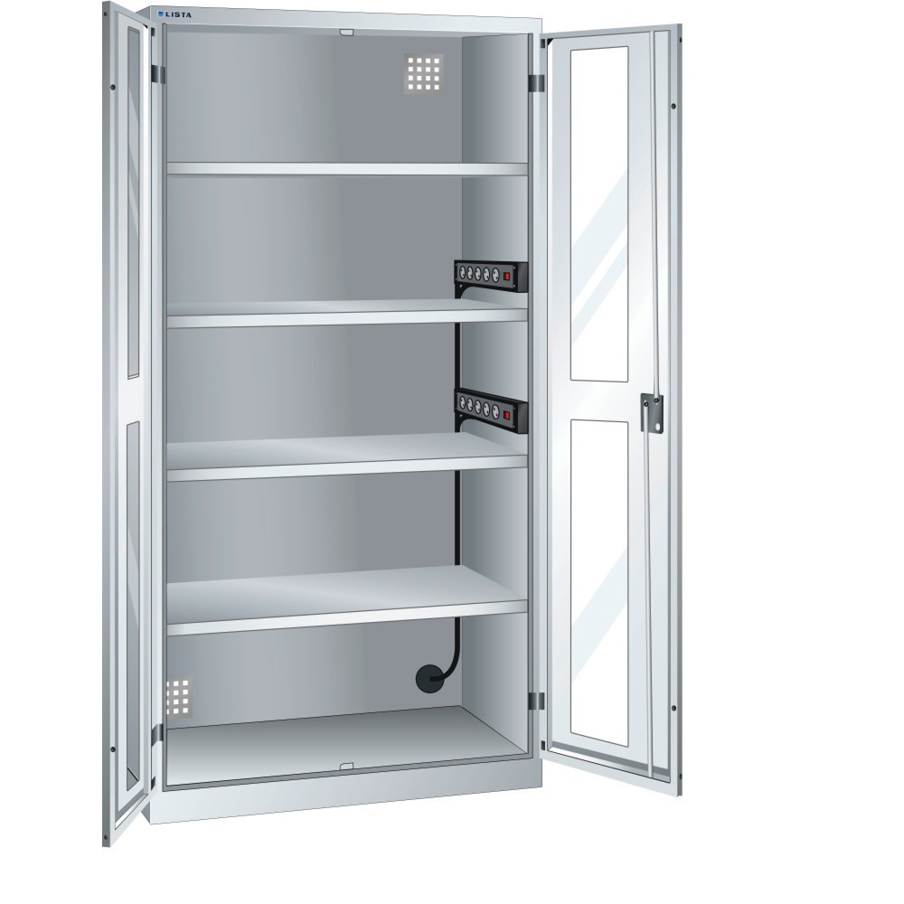 Armoire à casiers LISTA avec prises électriques, (lxPxH) 1 000x580x1 950 mm, 2 blocs multiprises sur paroi latérale, vitres transparentes, gris clair