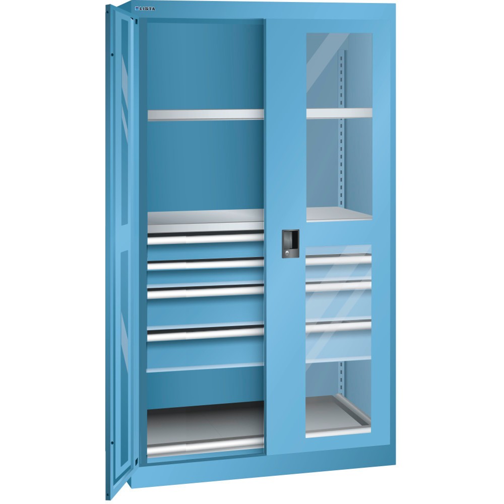 Armoire à charge lourde LISTA 54x27E, (lxPxH) 1 100x641x1 950 mm, 1 étagère coulissante, 4 tiroirs, bleu clair, RFID Lock