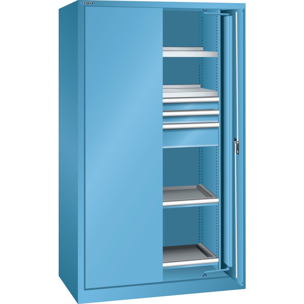 Armoire à charge lourde LISTA 54x27E, (lxPxH) 1 146x690x1 950 mm, portes rétractables, 3 tiroirs, bleu clair, RFID Lock