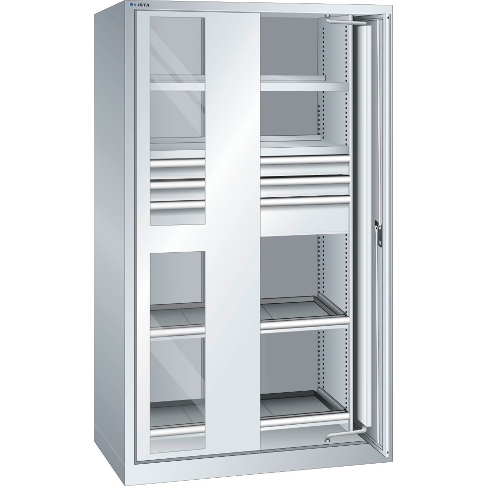 Armoire à charge lourde LISTA 54x27E, (lxPxH) 1 146x690x1 950 mm, portes rétractables, 3 tiroirs, gris clair, KEY Lock