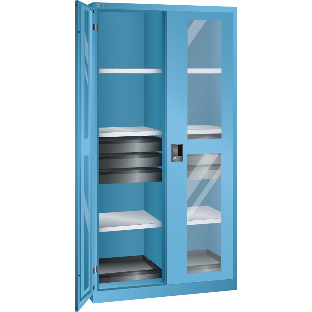 Armoire à outils LISTA, (lxPxH) 1 000x580x1 950 mm, 2 étagères coulissantes, 6 tiroirs, bleu clair, CODE Lock