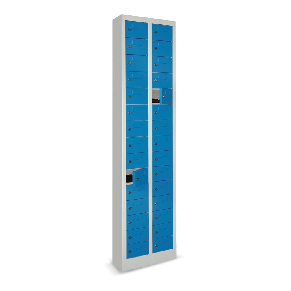 Armoire à petits compartiments PAVOY, 30 compartiments, H x l x P 1 950 x 460 x 200 mm, avec porte-étiquettes, bleu gentiane, gris clair