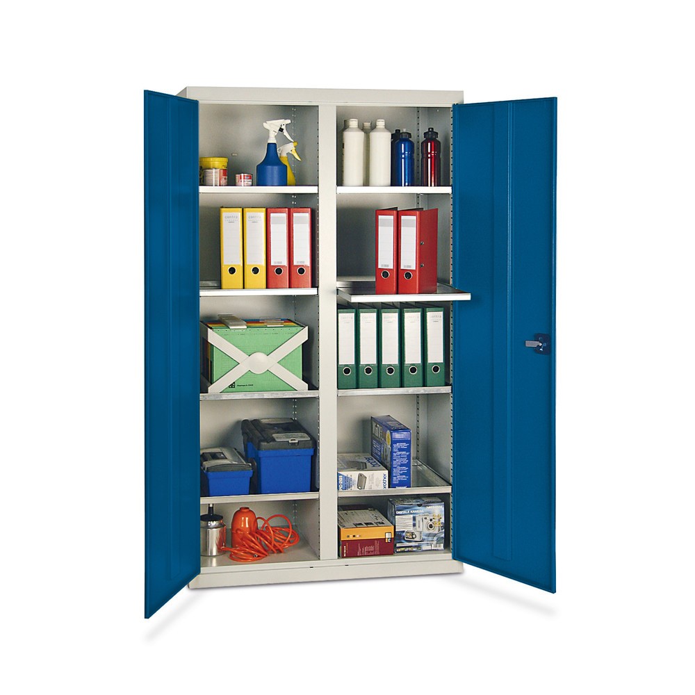 Armoire à portes battantes d’atelier stumpf® avec 8 bacs + cloison de séparation, H x l x P 1 800 x 1 000 x 500 mm, gris clair