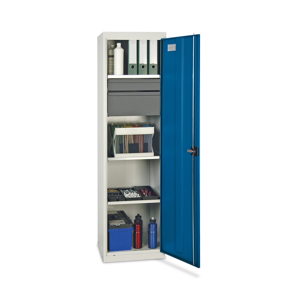 Armoire à portes battantes d’atelier stumpf® avec 2 tiroirs + 3 bacs, H x l x P 1 800 x 500 x 500 mm, gris clair/bleu clair