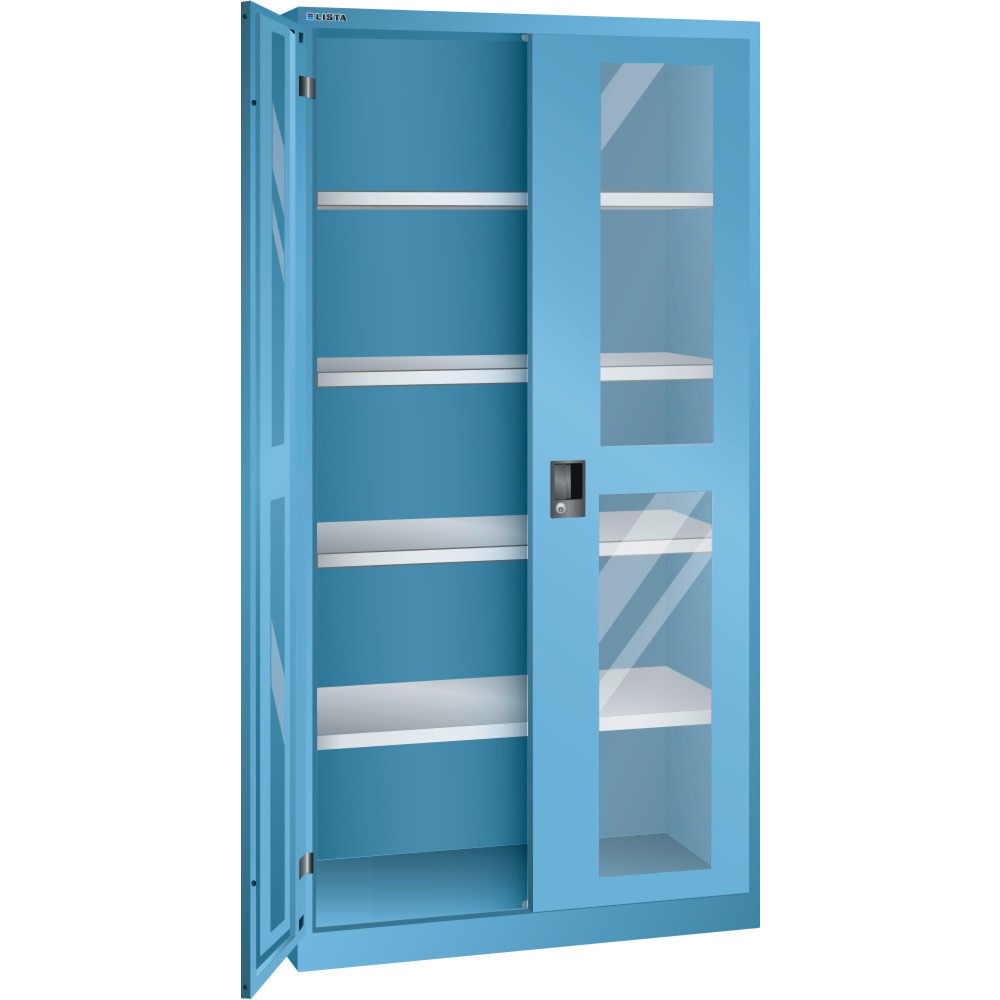 Armoire à portes battantes LISTA avec vitres transparentes, (lxPxH) 1 000x400x1 950 mm, 4 étagères réglables, bleu clair, KEY Lock