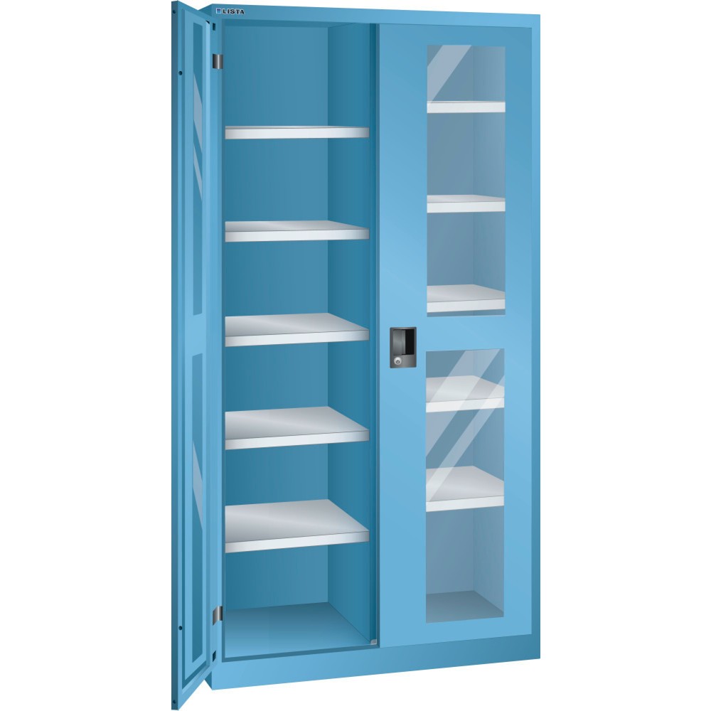 Armoire à portes battantes LISTA avec vitres transparentes, (lxPxH) 1 000x580x1 950 mm, 10 étagères réglables, bleu clair, RFID Lock