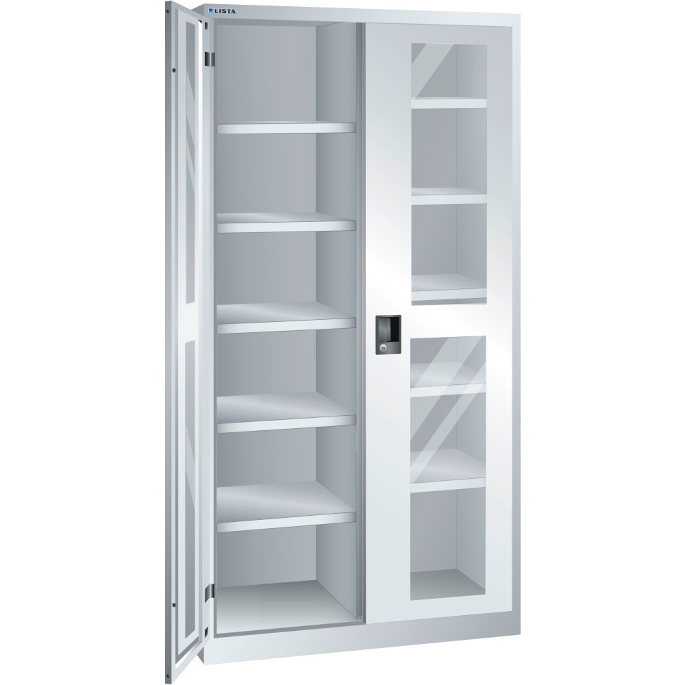 Armoire à portes battantes LISTA avec vitres transparentes, (lxPxH) 1 000x500x1 950 mm, 10 étagères réglables, gris clair, CODE Lock