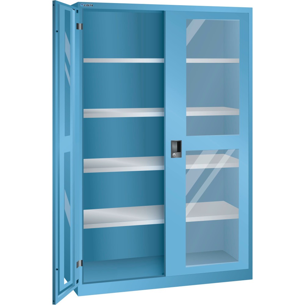 Armoire à portes battantes LISTA avec vitres transparentes, (lxPxH) 1 250x500x1 950 mm, 4 étagères réglables, bleu clair, KEY Lock