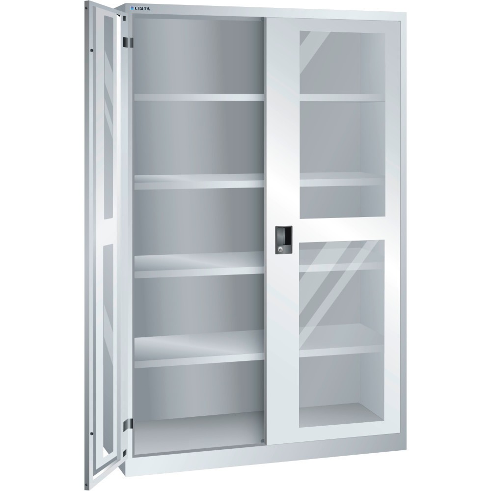 Armoire à portes battantes LISTA avec vitres transparentes, (lxPxH) 1 250x500x1 950 mm, 4 étagères réglables, gris clair, CODE Lock