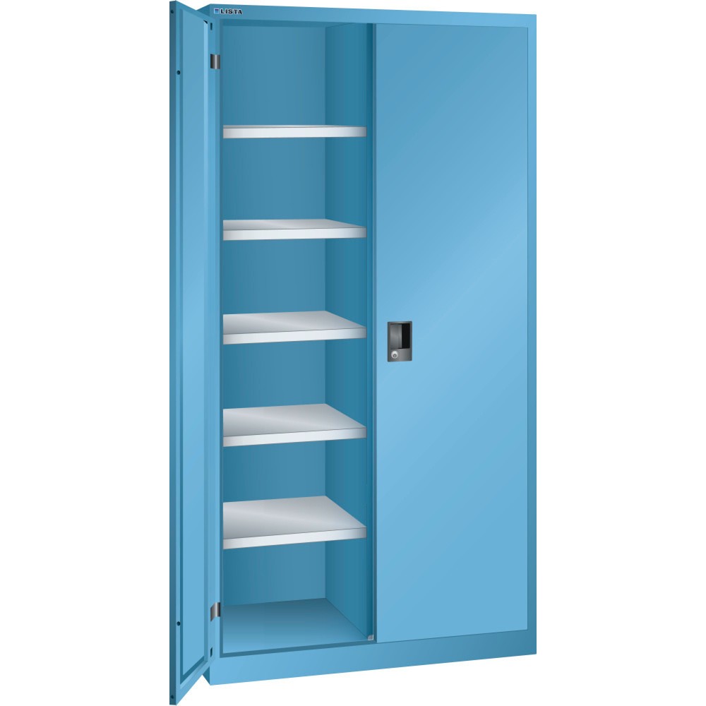 Armoire à portes battantes LISTA, (lxPxH) 1 000x580x1 950 mm, 10 étagères réglables, bleu clair, KEY Lock