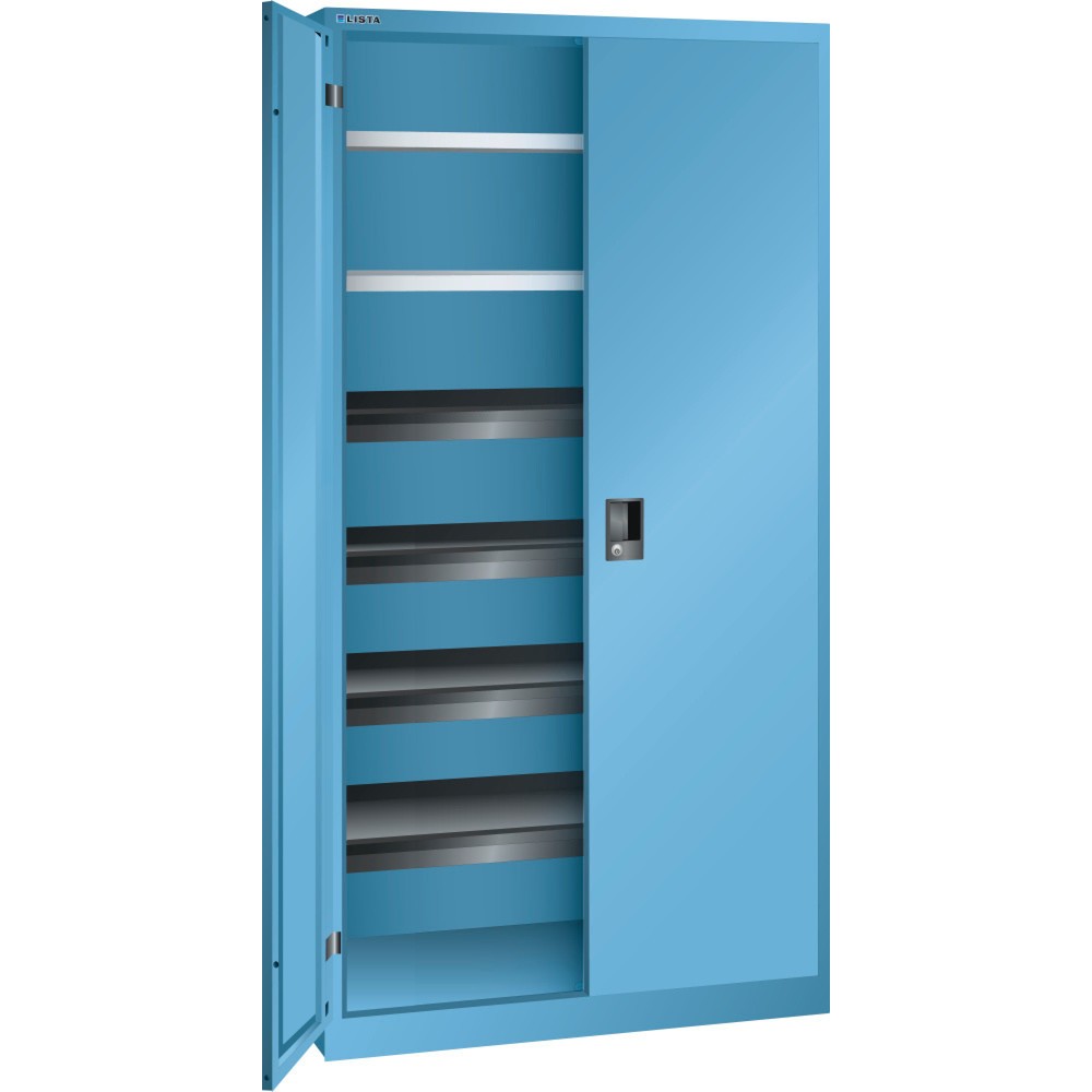 Armoire à portes battantes LISTA, (lxPxH) 1 000x580x1 950 mm, 4 étagères coulissantes, 2 étagères réglables, bleu clair, KEY Lock