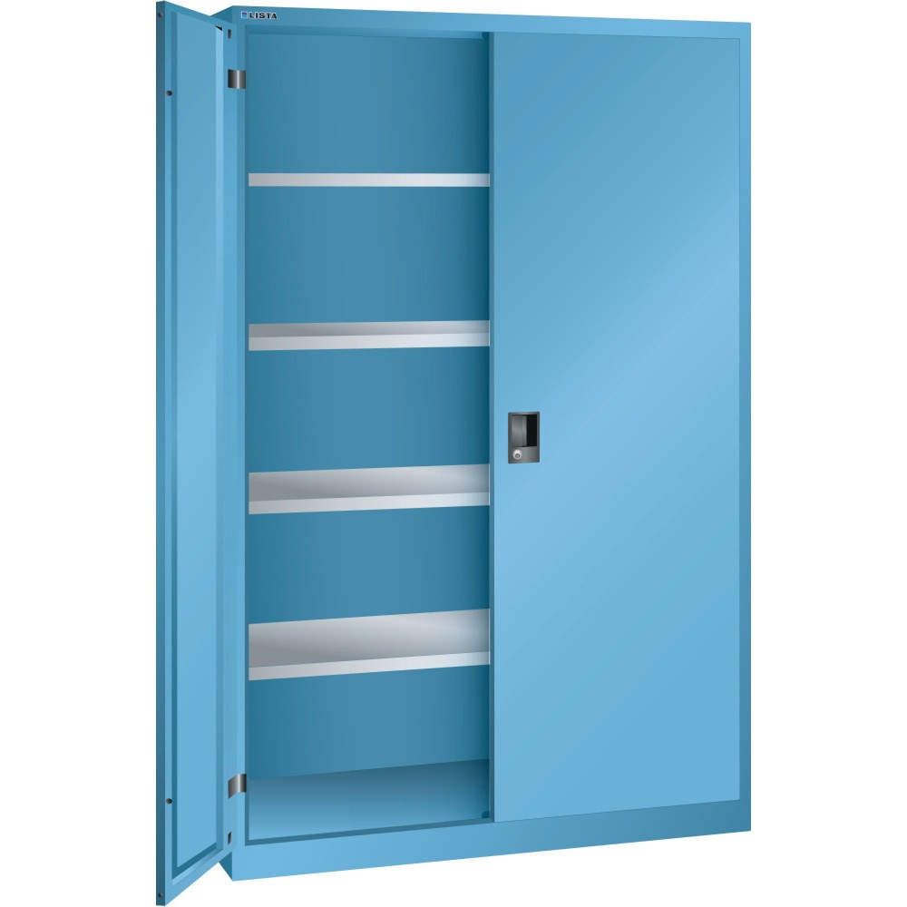 Armoire à portes battantes LISTA, (lxPxH) 1 250x400x1 950 mm, 4 étagères réglables, bleu clair, CODE Lock