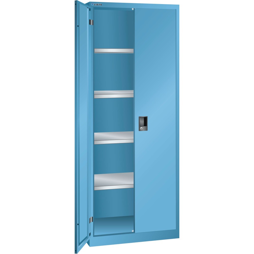 Armoire à portes battantes LISTA, (lxPxH) 750x580x1 950 mm, 4 étagères réglables, bleu clair, KEY Lock