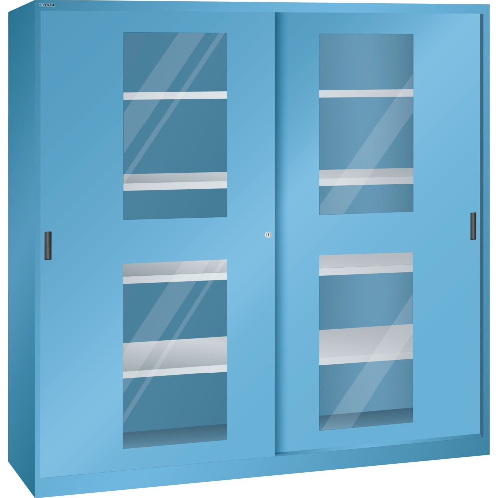 Armoire à portes coulissantes LISTA, (lxPxH) 2 000x400x1 950 mm, 8 étagères réglables, vitres transparentes, profondeur 580 mm, bleu clair