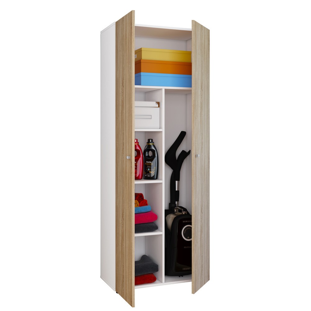 Armoire à produits d’entretien Vandol II, avec portes, blanc/chêne Sonoma