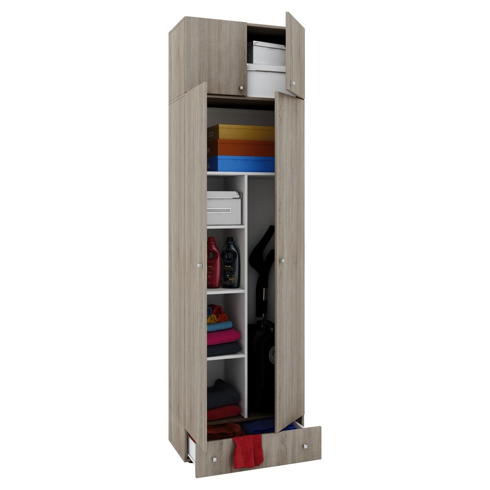 Armoire à produits d’entretien Vandol II, avec portes, surmeuble et tiroir, chêne Sonoma