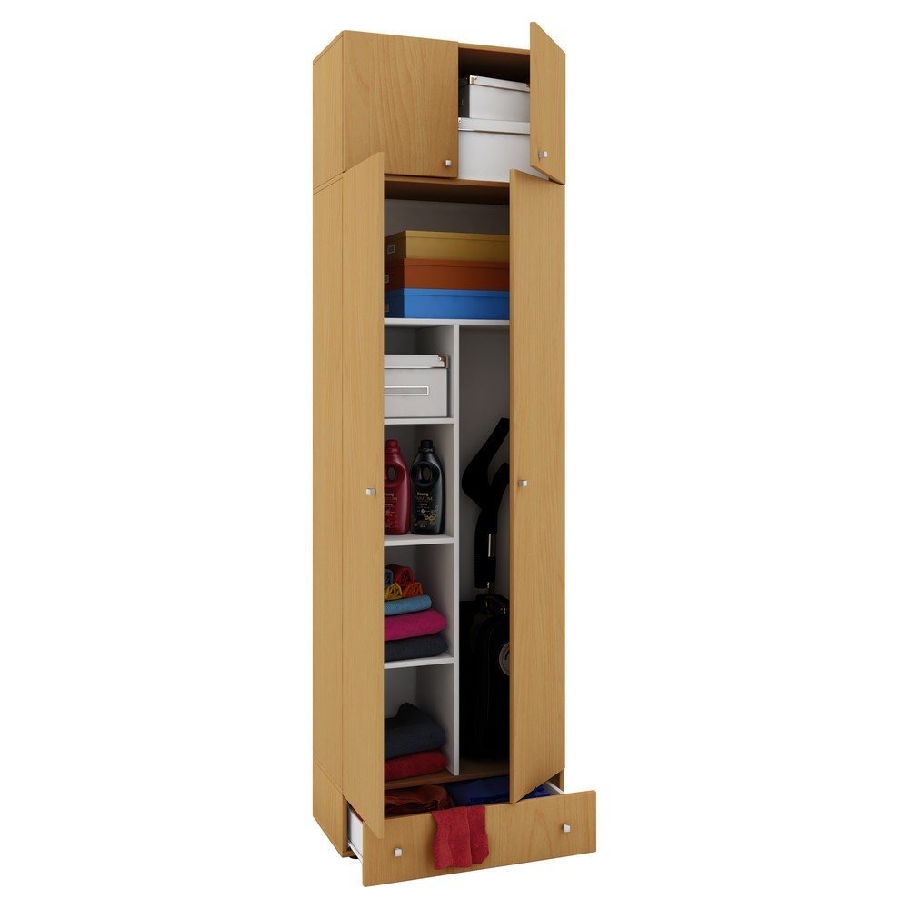 Armoire à produits d’entretien Vandol II, avec portes, surmeuble et tiroir, hêtre