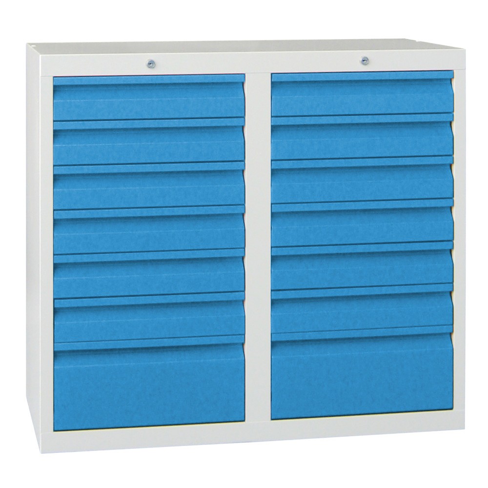 Armoire à tiroirs légère PAVOY, guidage à coulissement, tiroirs 12 x 100 mm + 2 x 200 mm, largeur 1 000 mm, bleu gentiane, bleu gentiane