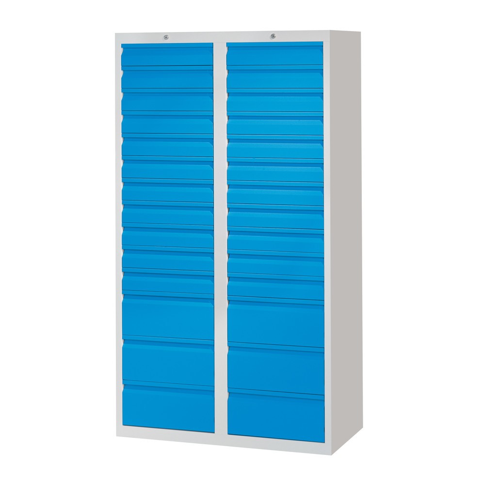 Armoire à tiroirs légère PAVOY, guidage à coulissement, tiroirs 22 x 100 mm + 6 x 200 mm, largeur 1 000 mm, bleu ciel, gris clair