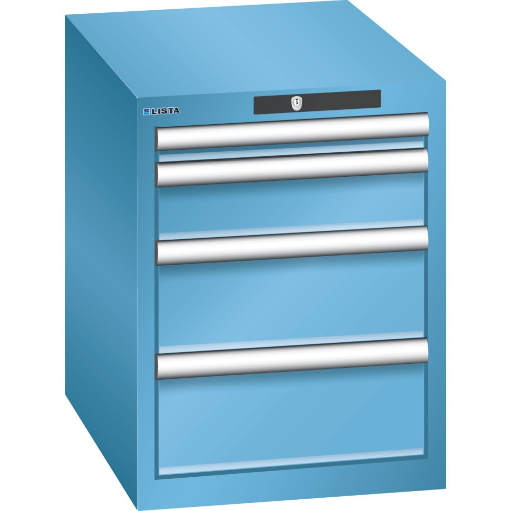 Armoire à tiroirs LISTA 18x27E, (lxPxH) 411x572x533 mm, 4 tiroirs, 1 x 50 / 1 x 100 / 2 x 150, bleu clair, CODE Lock