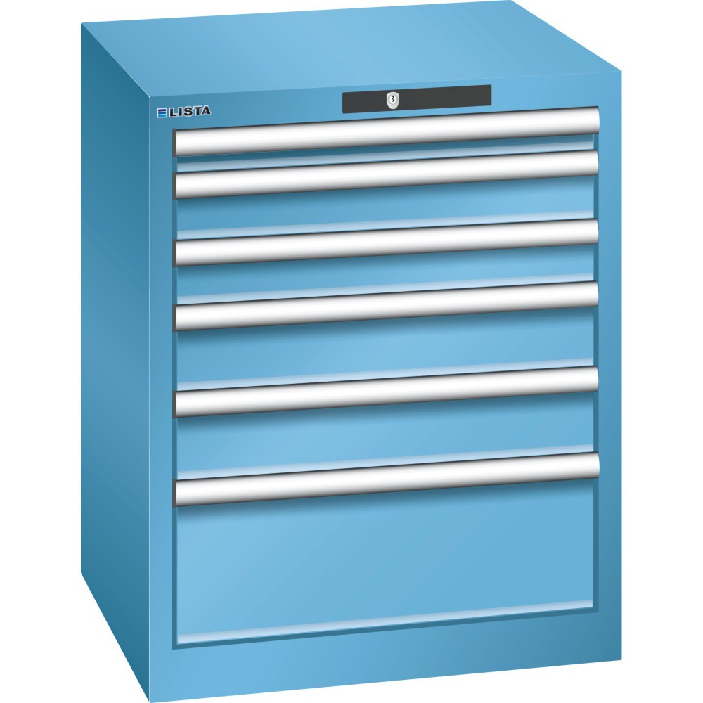 Armoire à tiroirs LISTA 27x27E, (lxPxH) 564x572x700 mm, 6 tiroirs, hauteurs de façade 50-200 mm, bleu clair, KEY Lock