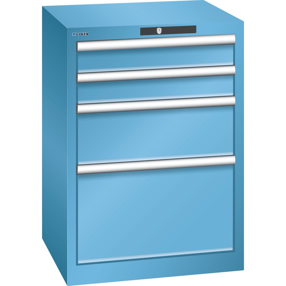 Armoire à tiroirs LISTA 27x27E, (lxPxH) 564x572x800 mm, 4 tiroirs, 2 x 100 / 1 x 200 / 1 x 300, bleu clair, KEY Lock