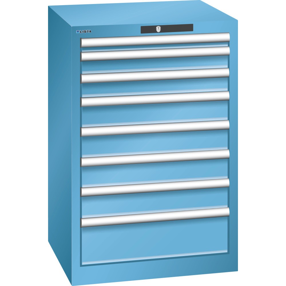 Armoire à tiroirs LISTA 27x27E, (lxPxH) 564x572x850 mm, 8 tiroirs, hauteurs de façade 50-150 mm, bleu clair, KEY Lock