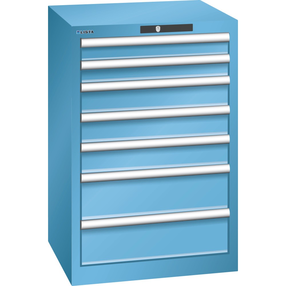 Armoire à tiroirs LISTA 27x27E, (lxPxH) 564x572x850 mm, 7 tiroirs, 2 x 75 / 3 x 100 / 2 x 150, bleu clair, CODE Lock