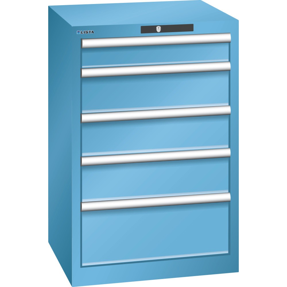 Armoire à tiroirs LISTA 27 x 27E, (lxPxH) 564x572x850 mm, 5 tiroirs, 1 x 100 / 3 x 150 / 1 x 200, bleu clair, KEY Lock