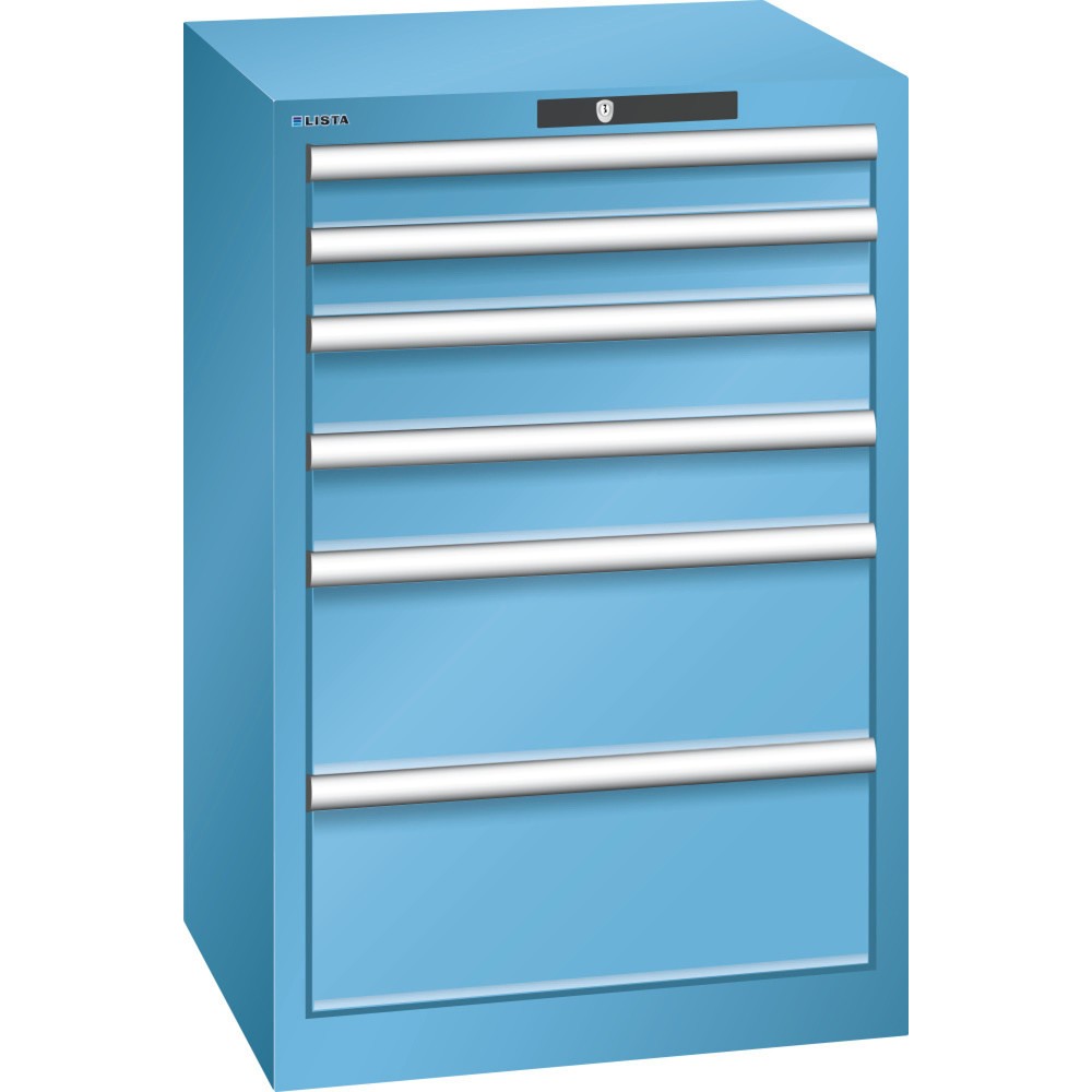 Armoire à tiroirs LISTA 27 x 27E, (lxPxH) 564x572x850 mm, 6 tiroirs, 2 x 75 / 2 x 100 / 2 x 200, bleu clair, KEY Lock