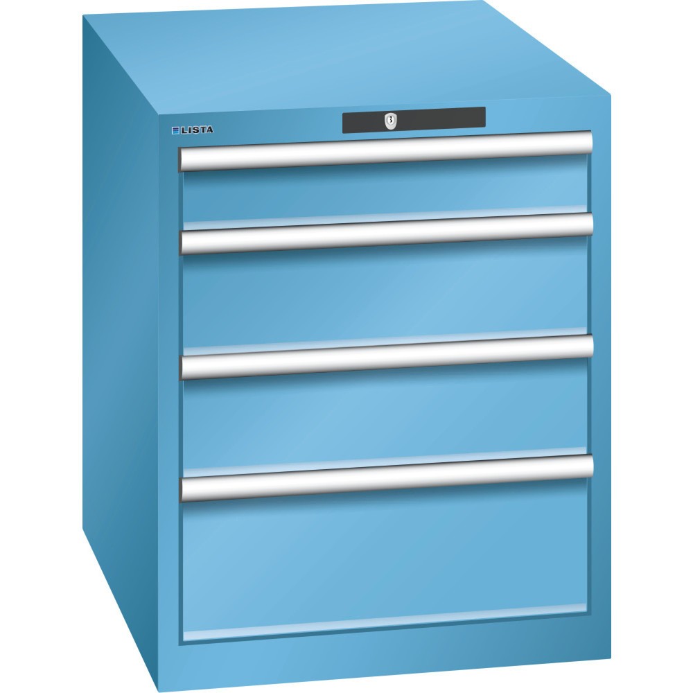 Armoire à tiroirs LISTA 27x36E, (lxPxH) 564x725x700 mm, 4 tiroirs, 1 x 100 / 2 x 150 / 1 x 200, bleu clair, CODE Lock