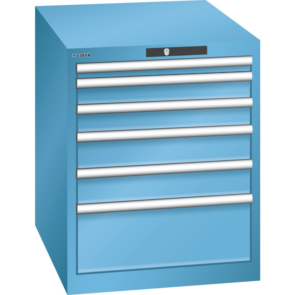 Armoire à tiroirs LISTA 27x36E, (lxPxH) 564x725x700 mm, 6 tiroirs, hauteurs de façade 50-200 mm, bleu clair, KEY Lock