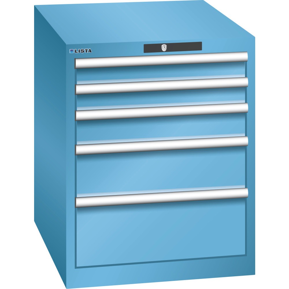 Armoire à tiroirs LISTA 27x36E, (lxPxH) 564x725x700 mm, 5 tiroirs, hauteurs de façade 75-200 mm, bleu clair, AUTO Lock