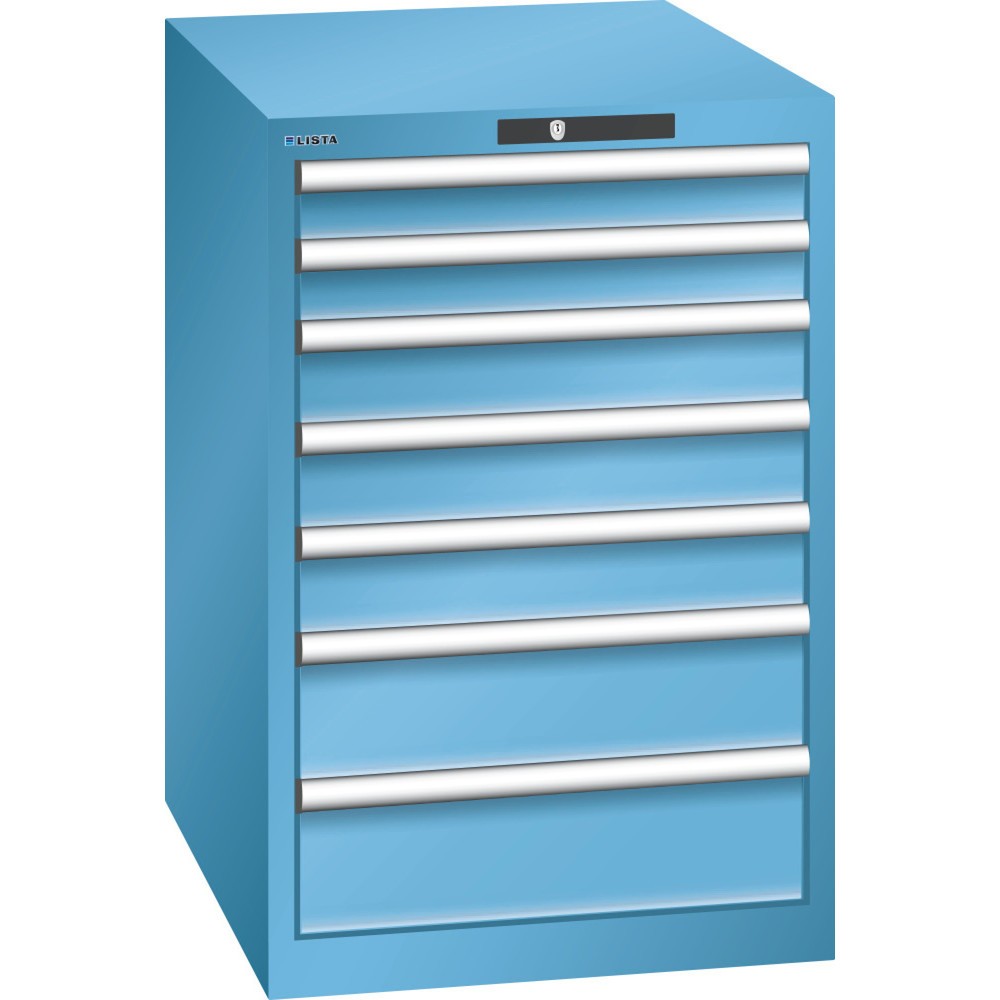 Armoire à tiroirs LISTA 27x36E, (lxPxH) 564x725x850 mm, 7 tiroirs, 2 x 75 / 3 x 100 / 2 x 150, bleu clair, KEY Lock