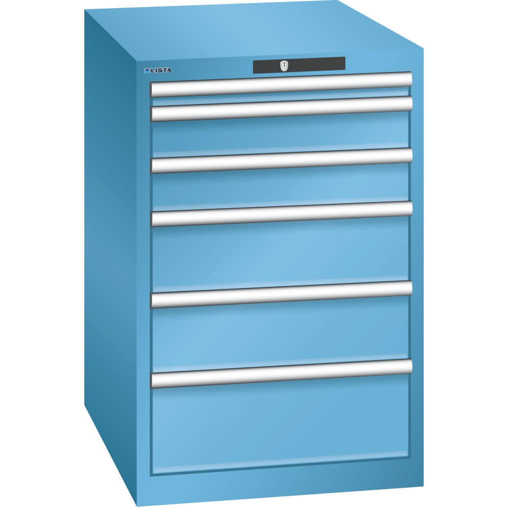 Armoire à tiroirs LISTA 27x36E, (lxPxH) 564x725x850 mm, 6 tiroirs, hauteurs de façade 50-200 mm, bleu clair, KEY Lock