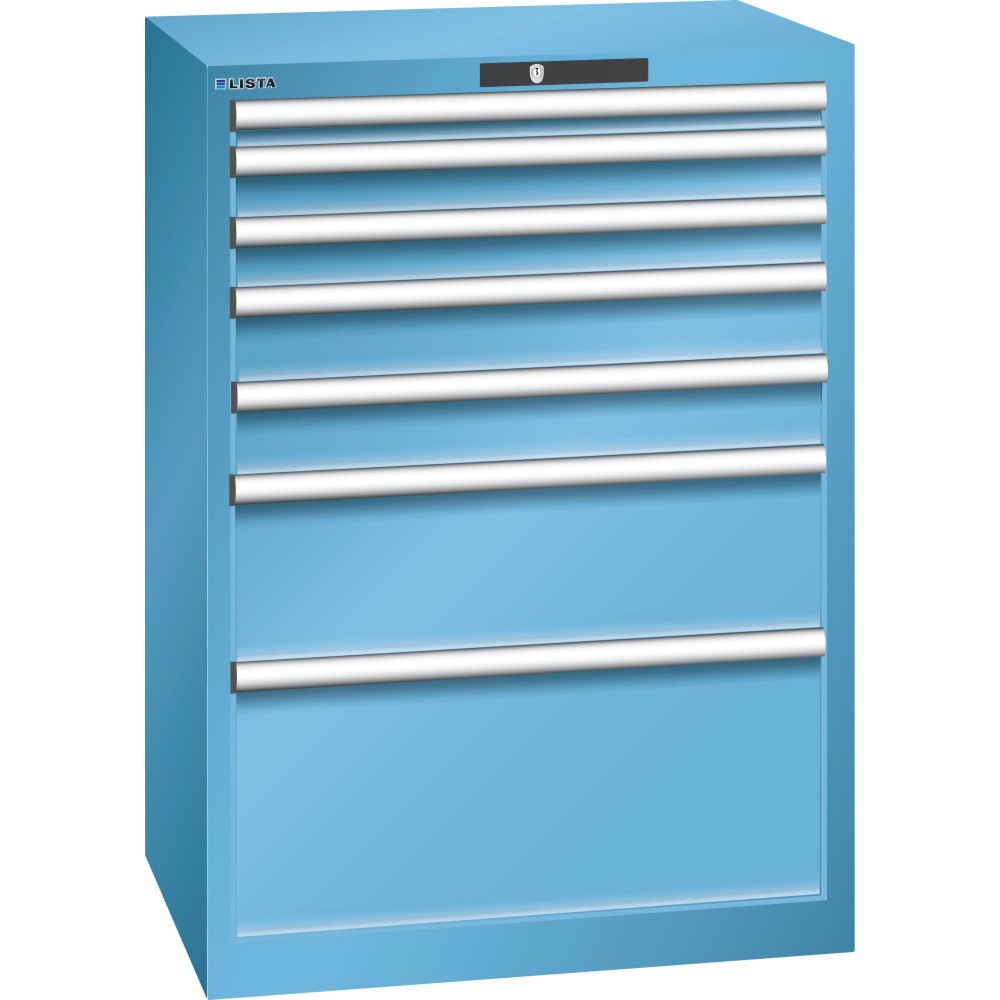 Armoire à tiroirs LISTA 36x27E, (lxPxH) 717x572x1 000 mm, 7 tiroirs, hauteurs de façade 50-300 mm, bleu clair, KEY Lock